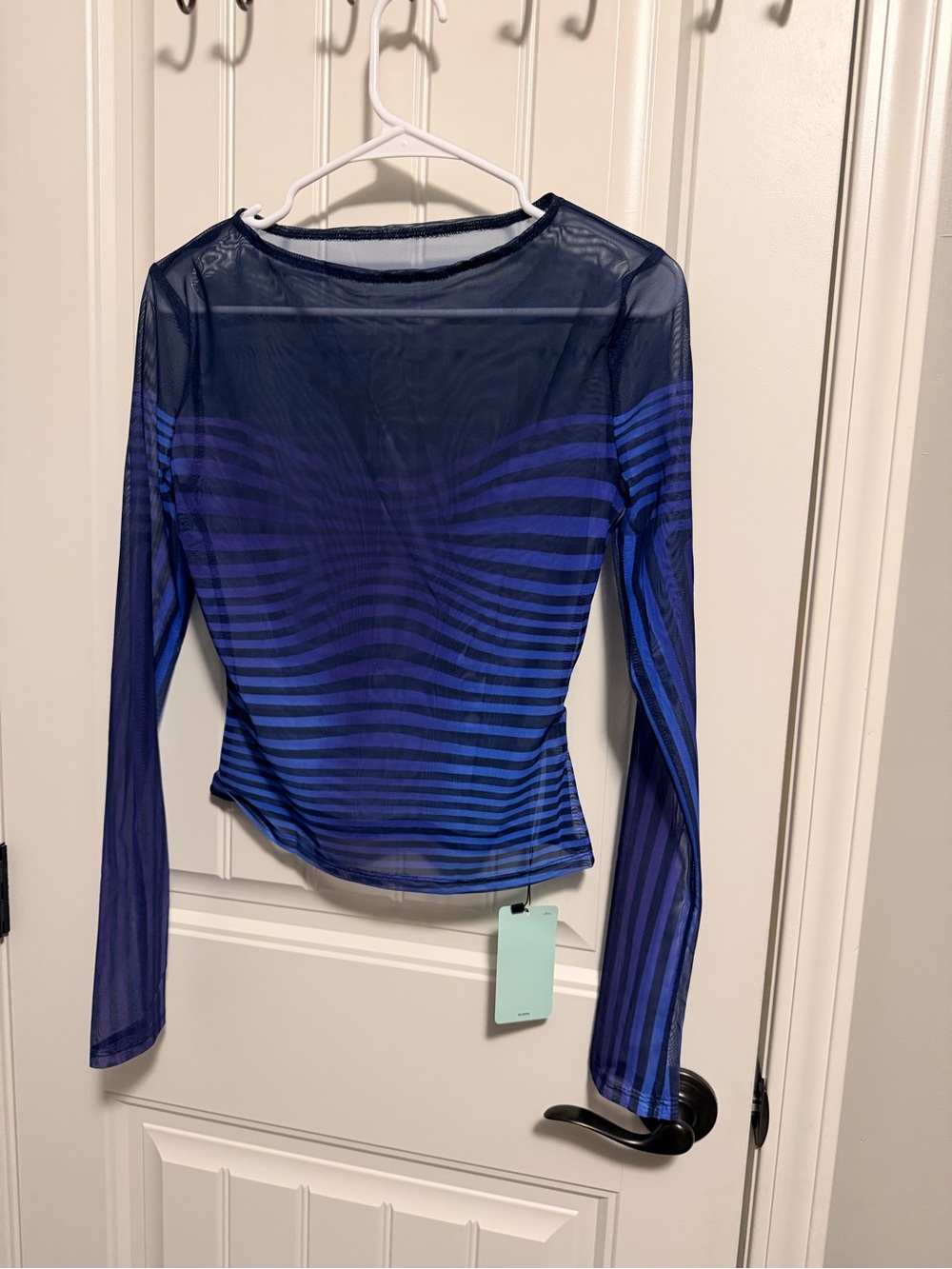 Sheer Striped Long-Sleeve Mesh Top in Navy/Blue